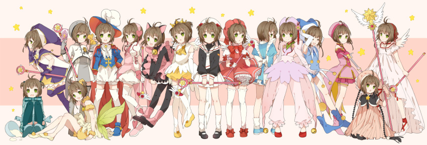 animal_ears annotated blue_hat boots brown_hair cardcaptor_sakura cat_ears commentary_request costume_chart female frills fuuin_no_tsue green_eyes grey_hat hat highres hoshi_no_tsue kinomoto_sakura kinomoto_sakura_(blue_jester_costume) kinomoto_sakura_(blue_star_costume) kinomoto_sakura_(cherry_blossom_costume) kinomoto_sakura_(final_pink_and_black_costume) kinomoto_sakura_(green_fairy_costume) kinomoto_sakura_(magic_dream_costume) kinomoto_sakura_(pink_kitty_costume) kinomoto_sakura_(pink_star_angel_costume) kinomoto_sakura_(prince_costume) kinomoto_sakura_(princess_costume) kinomoto_sakura_(silver_star_costume) kinomoto_sakura_(winged_egg_crown_costume) mia0309 multiple_views pantyhose partial_commentary photoshop_(medium) pink_footwear pink_hat purple_hat school_uniform serafuku short_hair sitting staff standing tomoeda_elementary_school_uniform wand white_legwear wings