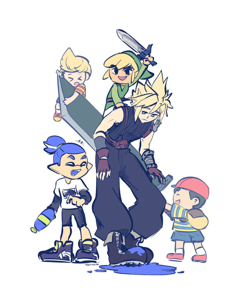 >_< 5boys :d absurdres armor baseball_cap black_hair blonde_hair blue_eyes brown_hair buster_sword closed_eyes cloud_strife commentary final_fantasy final_fantasy_vii gloves green_headwear green_tunic hat highres holding holding_sword holding_weapon inkling inkling_boy inkling_player_character jewelry left-handed link long_hair looking_at_viewer lucas_(mother_3) male_focus mother_(game) mother_2 mother_3 multiple_boys ness_(mother_2) open_mouth quiff shirt short_hair smile spiked_hair splatoon_(series) super_smash_bros. sword symbol-only_commentary teeth tentacle_hair the_legend_of_zelda the_legend_of_zelda:_the_wind_waker toon_link upper_teeth_only weapon zoruachu