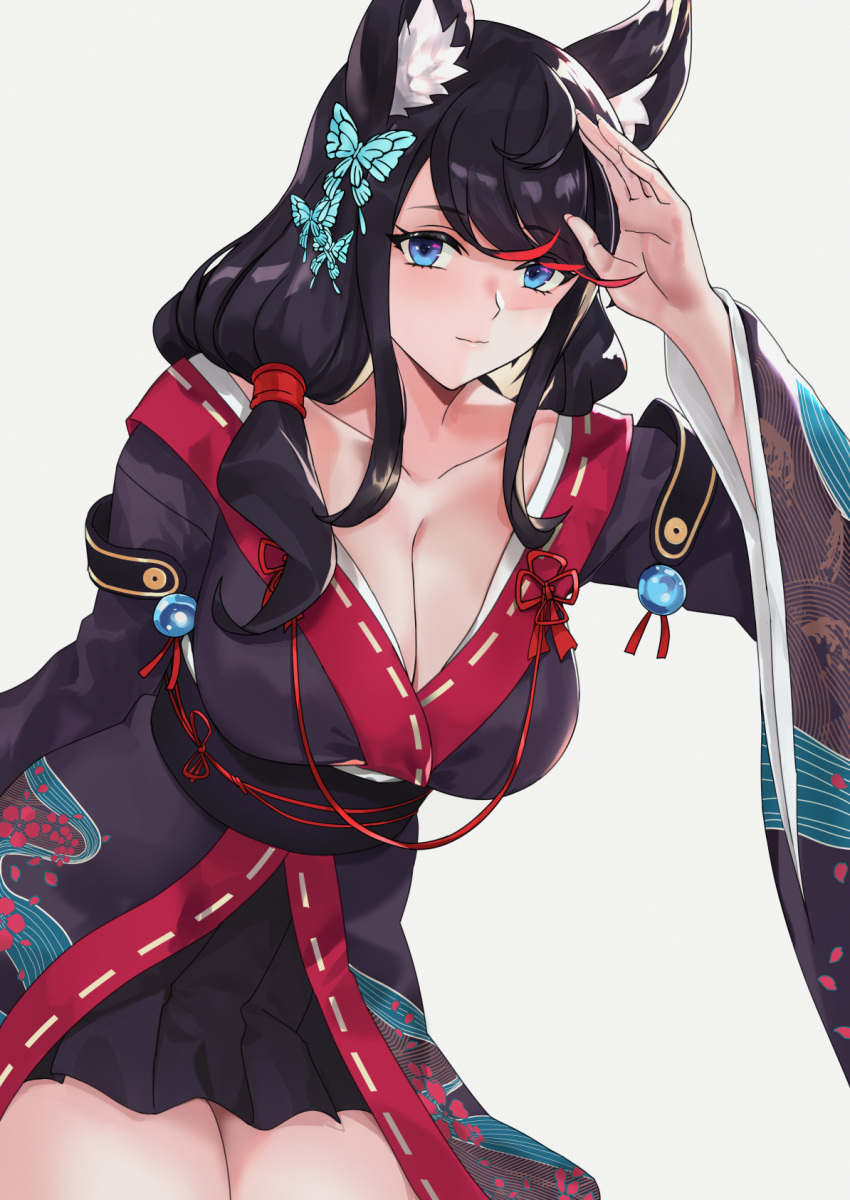 animal_ear_fluff animal_ears azur_lane black_hair blazingchaos blue_eyes blush breasts butterfly_hair_ornament cat_ears cleavage female fusou_(azur_lane) hair_ornament highres japanese_clothes kimono large_breasts long_hair looking_at_viewer solo