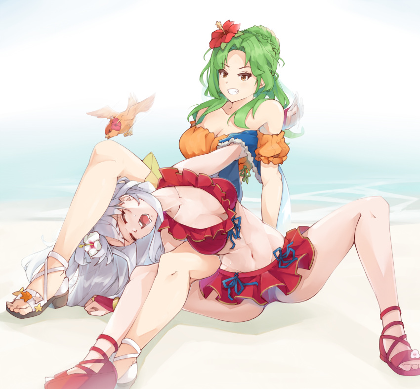 2girls bare_shoulders bikini bikini_skirt bird blue_scarf braid breasts brown_eyes cleavage clenched_teeth closed_eyes collarbone commentary crown_braid domination elincia_ridell_crimea elincia_ridell_crimea_(summer) feet fingerless_gloves fire_emblem fire_emblem:_path_of_radiance fire_emblem:_radiant_dawn fire_emblem_heroes flower front-tie_bikini_top front-tie_top gloves green_hair grey_hair groin hair_flower hair_ornament half_updo highres jaegan legs long_hair medium_breasts micaiah_(fire_emblem) micaiah_(summer)_(fire_emblem) microskirt multiple_girls navel off-shoulder_bikini off_shoulder official_alternate_costume open_mouth orange_bikini red_bikini red_footwear red_gloves sandals scarf skirt submission_hold swimsuit teeth towel wrestling yune_(fire_emblem)