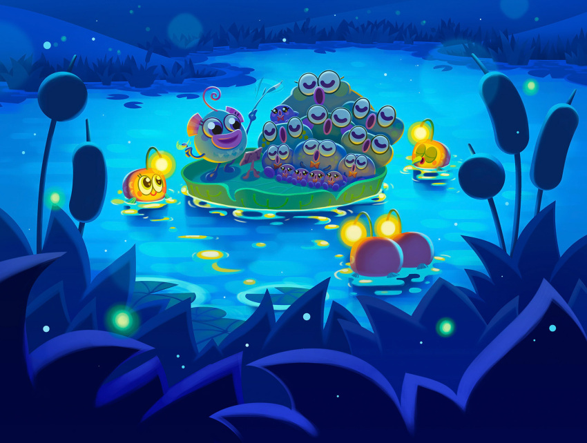 ambiguous_gender amphibian anthro bioluminescence blue_theme bow_tie closed_eyes cool_colors detailed_background feral fin fish frog gideon_the_amphibian glowing group hi_res lanternfish leanneslight lily_pad lumy_the_glittering_glowfish marine moshi_monsters moshling night official_art on_model open_mouth partially_submerged plant pond singing smile toony water yawn