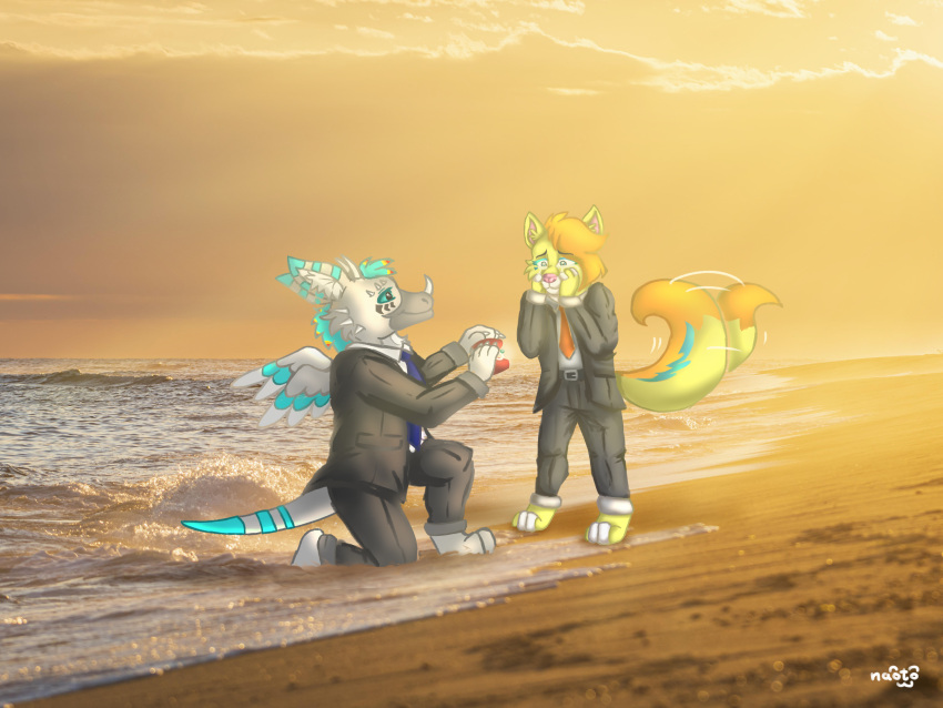 4:3 absurd_res anthro beach canid canine digit_ring dragon duo dutch_angel_dragon female fox heart_symbol hi_res jewelry love male male/female mammal marriage_proposal married married_couple mythological_creature mythological_scalie mythology naoto ring scalie sea seaside sunset tail taken water wedding wedding_ring