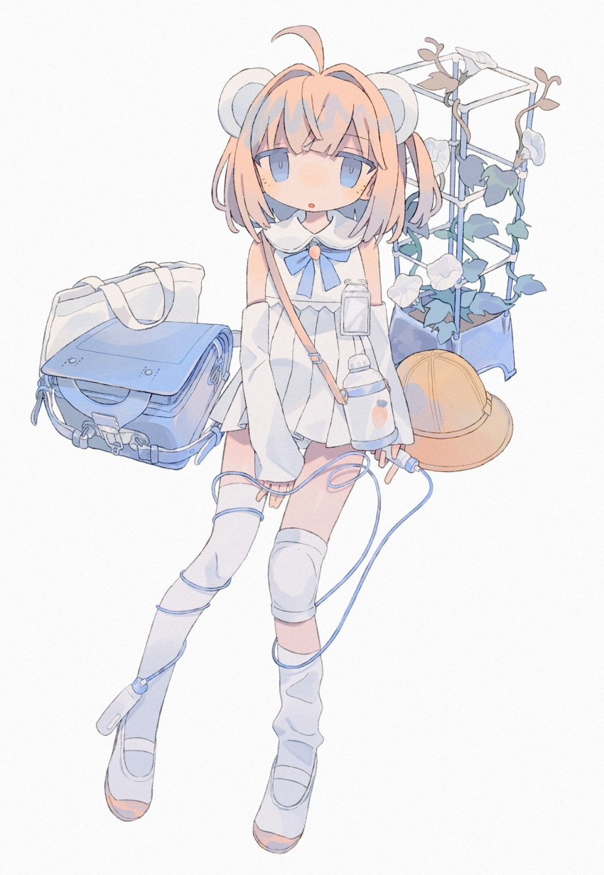 :o ahoge animal_ears asymmetrical_legwear backpack backpack_removed bag bangs between_legs blue_bag blue_bow blue_bowtie blue_eyes bottle bow bowtie carrot collared_dress daizu_(melon-lemon) detached_sleeves dress female flower full_body hand_between_legs hat headwear_removed highres holding jump_rope knee_pads long_sleeves looking_at_viewer loose_thighhigh medium_hair mouse_ears no_nose one_side_up orange_hair original panties panty_peek parted_lips plant pleated_dress potted_plant randoseru school_hat shoes short_dress simple_background sitting sleeveless sleeveless_dress sleeves_past_wrists solo thighhighs underwear uneven_legwear uwabaki vines white_background white_bag white_dress white_flower white_footwear white_legwear white_panties white_sleeves yellow_headwear