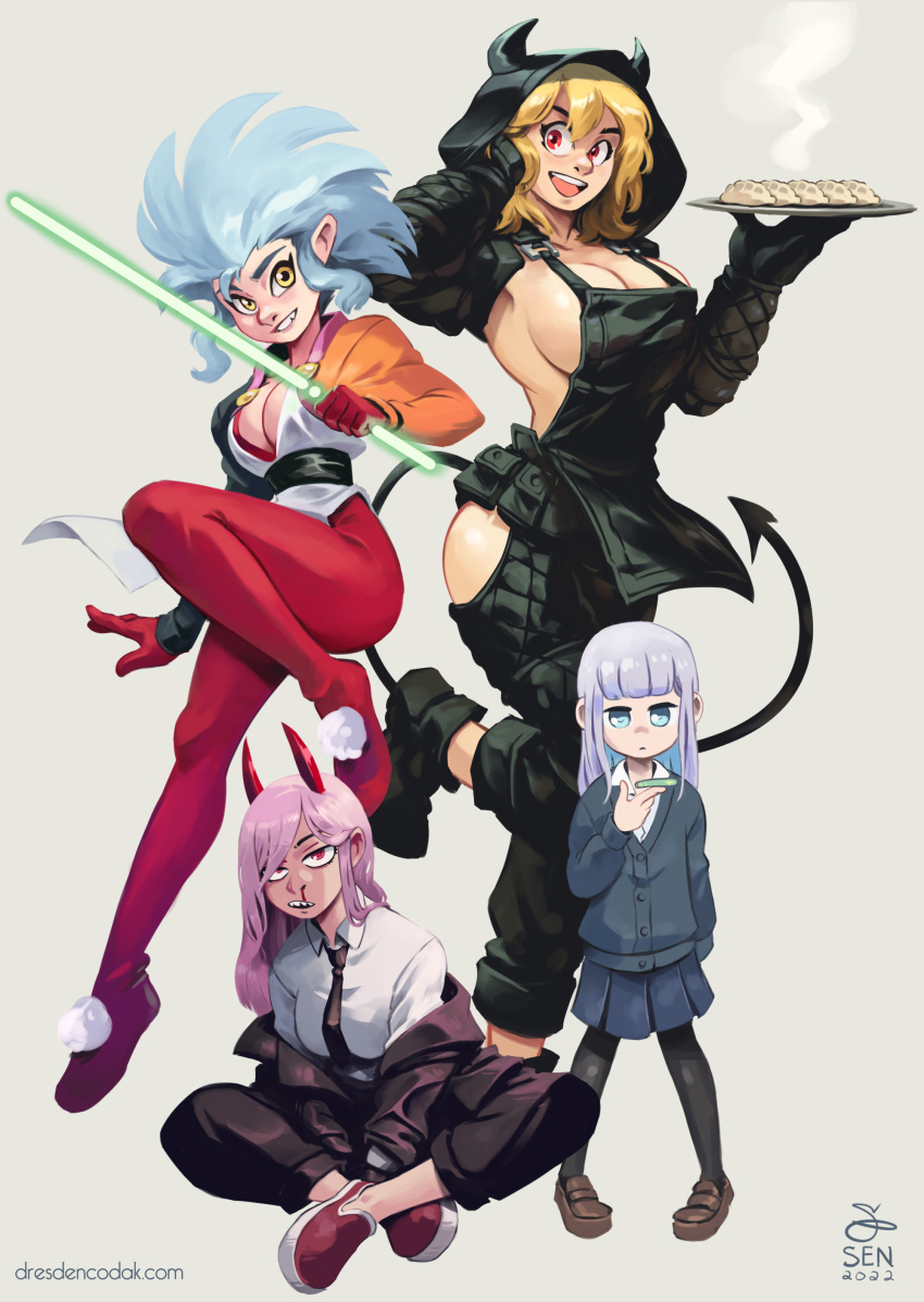 4girls absurdres aharen-san_wa_hakarenai aharen_reina apron arryn_diaz bangs black_apron black_legwear black_necktie blood blue_cardigan blue_eyes blunt_bangs breasts cardigan chainsaw_man collared_shirt demon_tail dorohedoro energy_sword food full_body grey_hair grin highres hood horns large_breasts leggings long_hair long_sleeves multicolored_clothes multiple_girls necktie nikaidou_(dorohedoro) nosebleed pantyhose pink_hair pleated_skirt power_(chainsaw_man) red_legwear ryouko_(tenchi_muyou!) school_uniform sharp_teeth shirt shrug_(clothing) simple_background sitting skirt smile spiked_hair standing standing_on_one_leg sword tail teeth tenchi_muyou! tray weapon white_shirt yellow_eyes