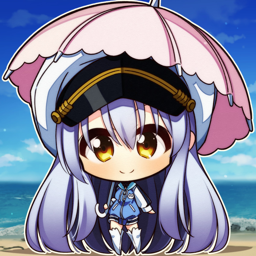 7:08 beach blue_jacket chibi closed_mouth commentary_request day female grey_hair hat highres hood hooded_jacket island_(game) jacket long_hair ocean ohara_rinne outdoors pink_umbrella shore smile solo umbrella white_footwear white_hat white_sleeves yellow_eyes