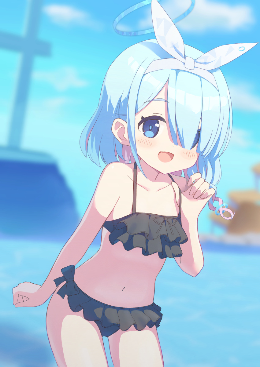 absurdres arona_(blue_archive) bad_id bad_pixiv_id bikini blue_archive blue_eyes blue_hair blurry blurry_background blush bow braid day female flat_chest frilled_bikini frills hair_over_one_eye hairband hairbow halo highres long_hair looking_at_viewer multicolored_hair navel open_mouth outdoors pink_hair sky smile solo strap_pull swimsuit two-tone_hair tyakomis water