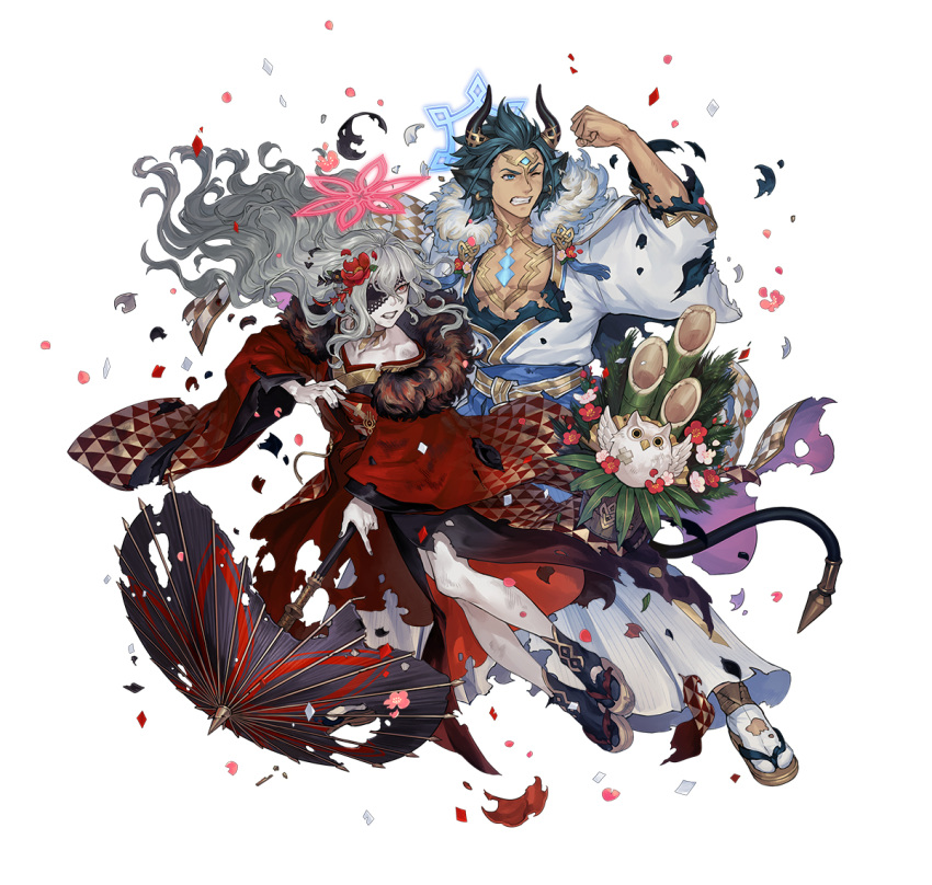 1boy animal_ears askr_(fire_emblem) askr_(new_year)_(fire_emblem) bat_ears black_lips black_nails blue_hakama clenched_teeth cow_ears cow_horns dark-skinned_male dark_skin embla_(fire_emblem) embla_(new_year)_(fire_emblem) eyepatch female fire_emblem fire_emblem_heroes full_body fur-trimmed_kimono fur_trim gold_trim hakama halo haori holding holding_umbrella horns japanese_clothes kadomatsu kimono lace-trimmed_eyepatch lipstick long_hair looking_at_viewer makeup nail_polish nishiki_areku official_art oil-paper_umbrella pale_skin sandals socks tabi tail teeth torn_clothes torn_kimono torn_umbrella umbrella white_background white_hair white_socks zouri