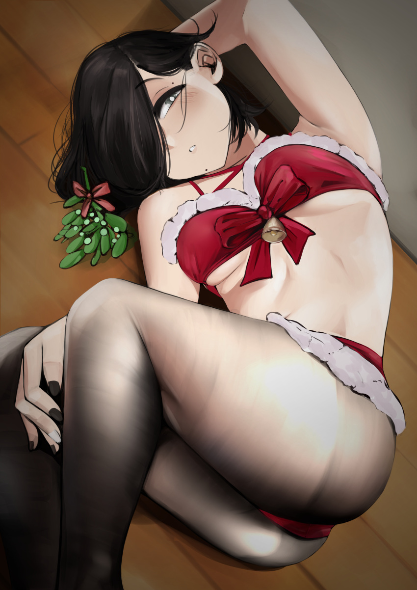 absurdres arm_above_head armpits ass bell bikini black_eyes black_hair black_nails black_pantyhose breasts christmas commentary female hair_over_one_eye highres indoors kamura_(rain_prophet) long_hair looking_at_viewer lying medium_breasts mistletoe mole mole_above_eye mole_under_mouth on_side original pantyhose parted_lips pupi_(rain_prophet) santa_bikini solo swimsuit thighs underboob wooden_floor