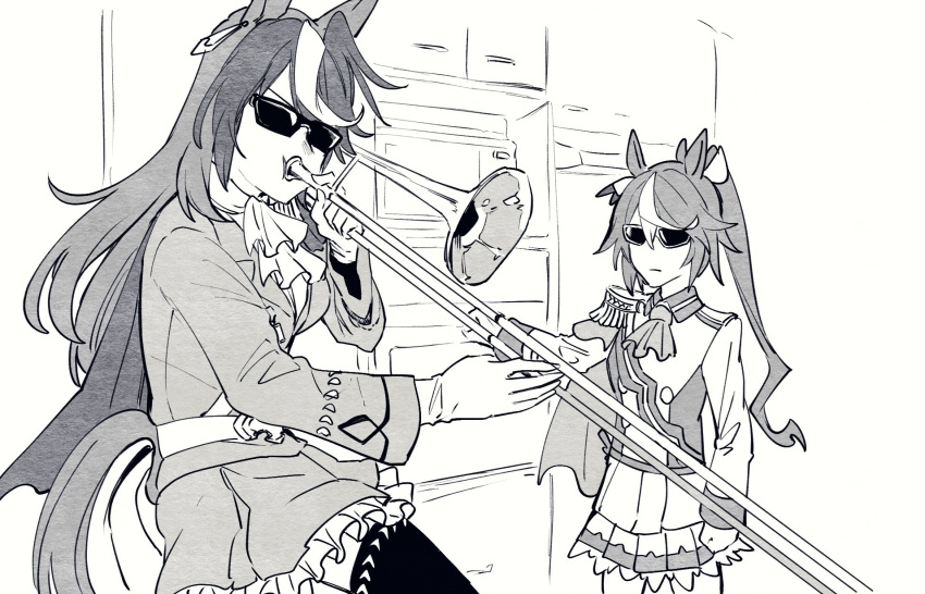 2girls animal_ears ascot breasts clenched_hand commentary epaulettes gloves greyscale high_ponytail highres horse_ears horse_girl horse_tail instrument jacket long_hair medium_breasts meme monochrome multicolored_hair multiple_girls music playing_instrument ponytail single_epaulette skirt streaked_hair sunglasses symboli_rudolf_(umamusume) tail tail_through_clothes takatsuki_nato thighhighs tokai_teio_(umamusume) trombone umamusume when_mama_isn't_home_(meme)