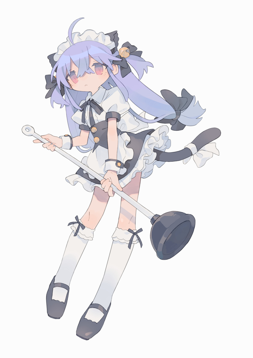 :< absurdres ahoge animal_ears apron bangs bell black_bow black_footwear black_ribbon black_skirt black_tail bow buttons cat_ears cat_girl cat_tail closed_mouth collared_shirt crossed_bangs daizu_(melon-lemon) fake_animal_ears female frilled_apron frilled_legwear frills full_body hair_bell hair_between_eyes hair_ornament hairbow high-waist_skirt highres holding holding_plunger jingle_bell kneehighs long_hair looking_at_viewer low-tied_long_hair maid maid_apron maid_headdress mary_janes neck_ribbon original petticoat plunger puffy_short_sleeves puffy_sleeves purple_hair red_eyes ribbon shirt shoes short_sleeves sidelocks simple_background skirt solo standing tail tail_bow tail_ornament twintails two_side_up waist_apron white_apron white_background white_bow white_legwear white_shirt white_wrist_cuffs wrist_cuffs