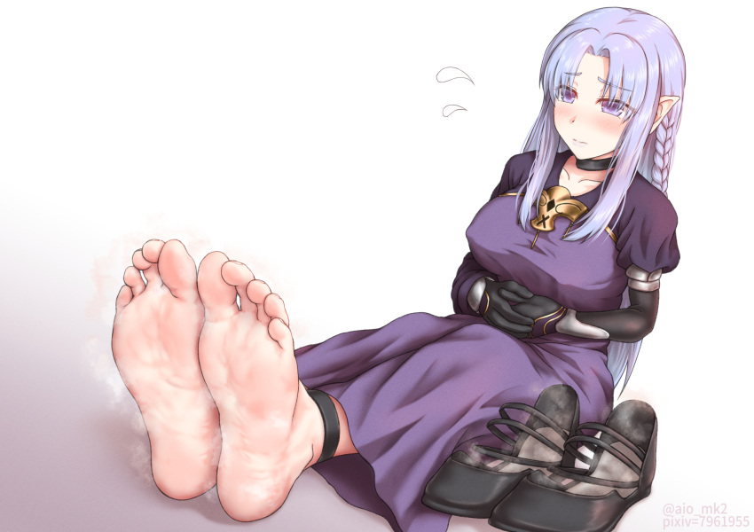 aiou_akahiko barefoot black_footwear blush breasts covered_nipples fate/stay_night fate_(series) feet female flying_sweatdrops foot_focus gloves highres medea_(fate) pointy_ears purple_robe robe shoes simple_background soles solo steam toes unworn_shoes white_background