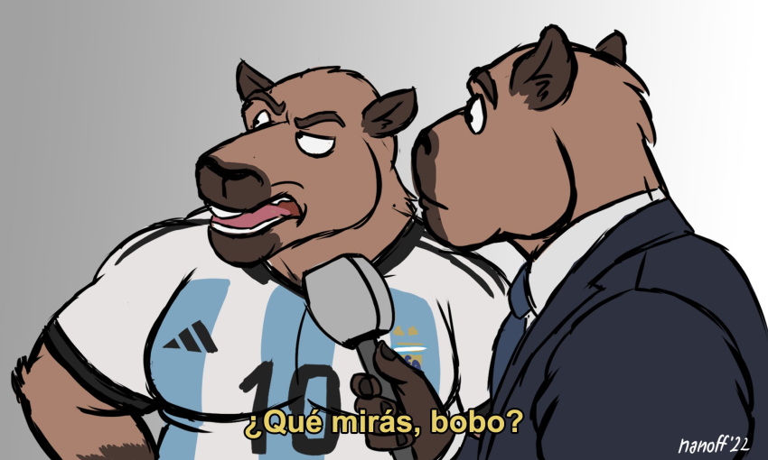 5:3 adidas anthro argentina capybara caviid clothing duo fifa fifa_soccer hi_res lionel_messi male mammal nanoff rodent simple_background slightly_chubby soccer_uniform spanish_text sportswear text translated uniform