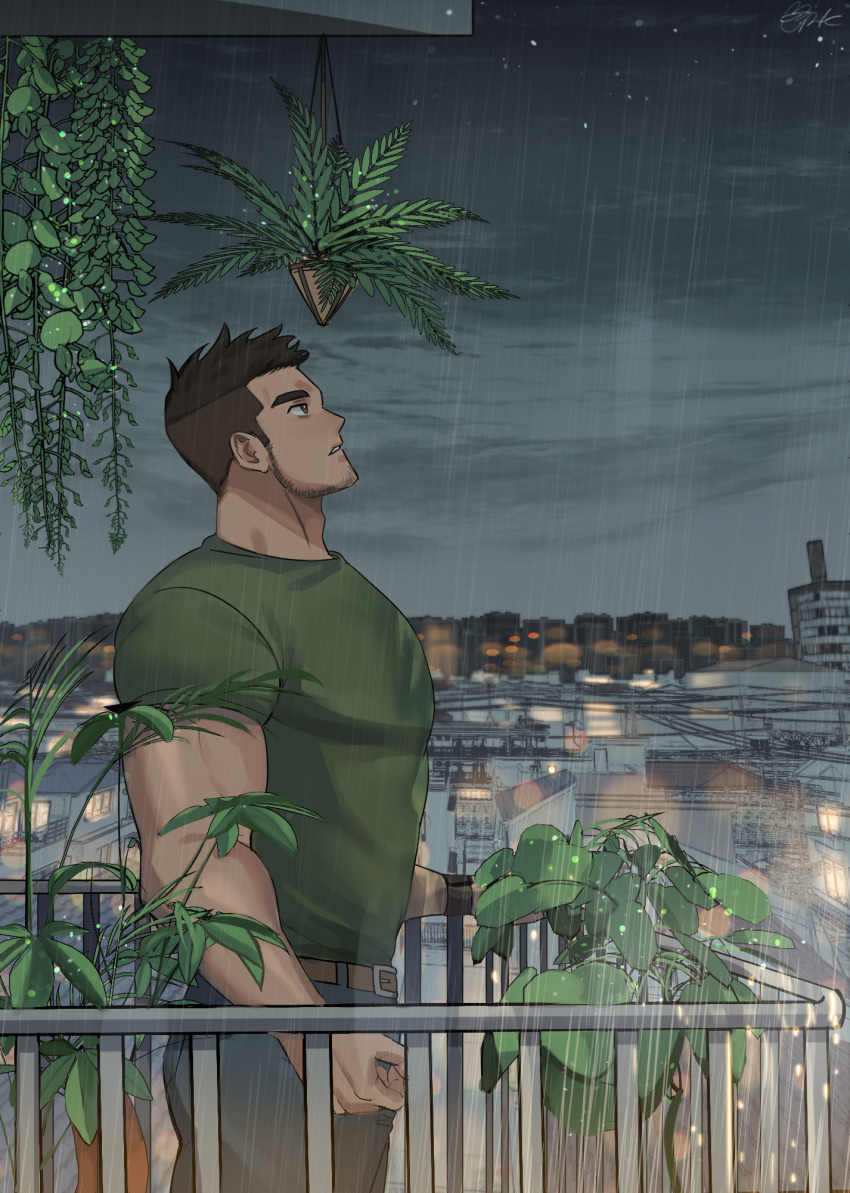 1boy balcony bara belt brk_603 brown_eyes brown_hair cowboy_shot facial_hair highres male_focus muscular muscular_male original outdoors pants pectorals plant rain shirt short_hair solo stubble thick_eyebrows