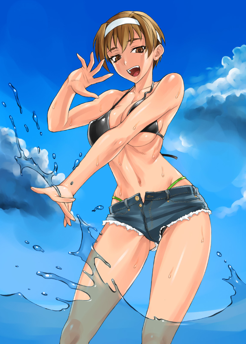 ass_visible_through_thighs bang-you bikini bikini_under_clothes brown_hair cloud cloudy_sky collarbone commentary_request cowboy_shot day denim denim_shorts female highres kashiwagi_azusa kizuato navel no_shirt open_fly open_mouth partially_unbuttoned short_hair short_shorts shorts sky smile solo splashing sweat swimsuit teeth tomboy tongue very_short_hair water