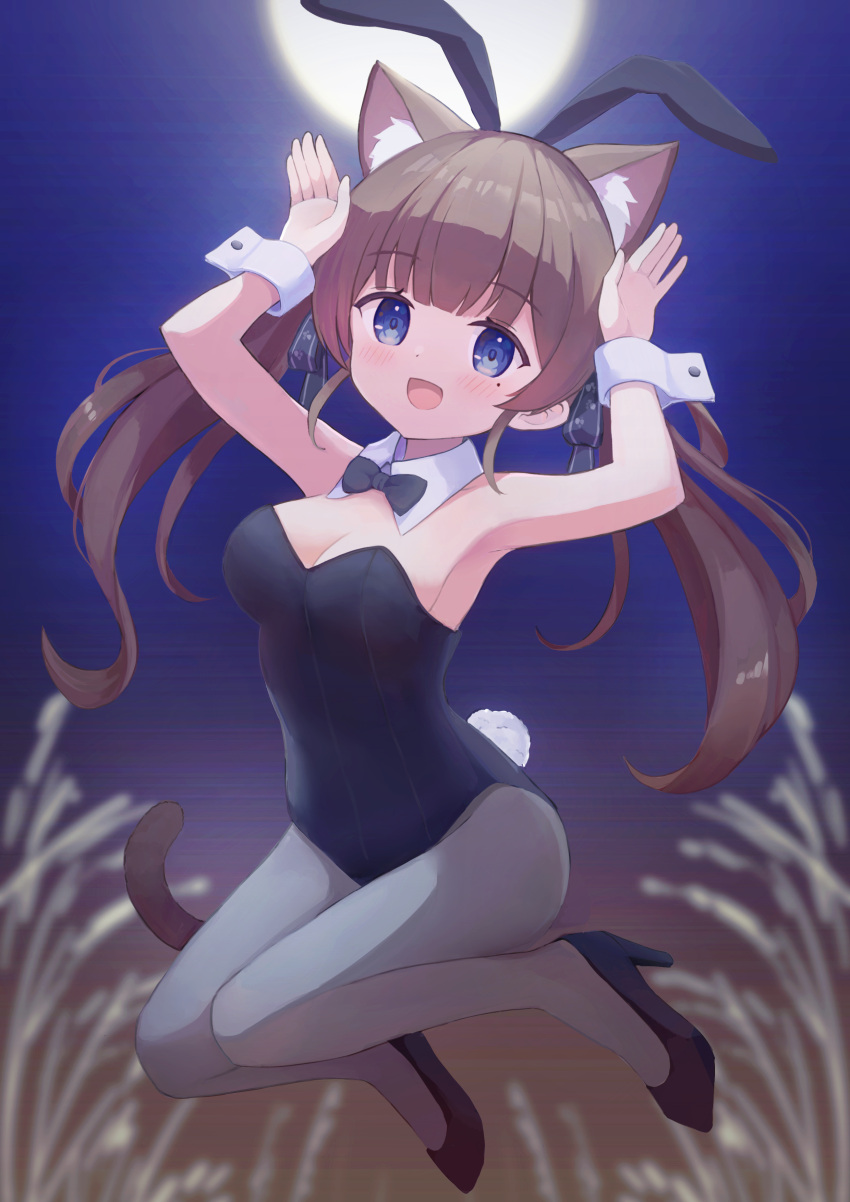 absurdres animal_ears bad_id bad_pixiv_id blue_eyes blush bow bowtie breasts brown_hair cat_ears cat_girl cat_tail cleavage fake_animal_ears fake_tail female glowing hair_ribbon hands_up high_heels highres indie_virtual_youtuber itigori_ena large_breasts leotard long_hair looking_at_viewer mole mole_under_eye moon night night_sky outdoors pantyhose playboy_bunny pumps rabbit_ears rabbit_pose rabbit_tail ribbon sky solo tail traditional_bowtie twintails tyakomis very_long_hair virtual_youtuber wrist_cuffs