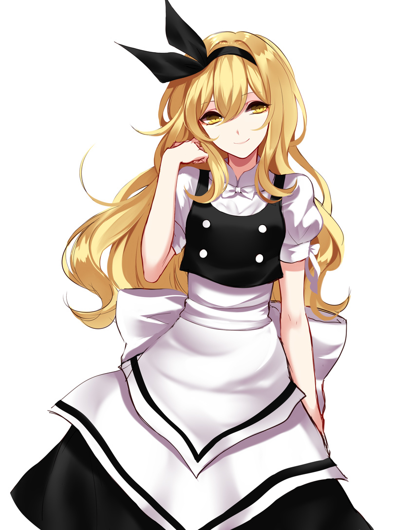 absurdres apron bad_id bad_pixiv_id black_dress black_hairband black_ribbon blonde_hair closed_mouth cosplay cowboy_shot dress ellen_(touhou) ellen_(touhou)_(cosplay) female hair_between_eyes hair_ribbon hairband highres kirisame_marisa long_hair looking_at_viewer no_headwear photoshop_(medium) puffy_short_sleeves puffy_sleeves ribbon sheya short_sleeves sidelocks smile solo touhou touhou_(pc-98) waist_apron wavy_hair yellow_eyes