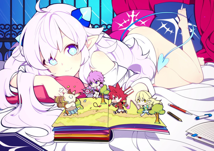 +_+ ahoge aisha_landar bad_id bad_twitter_id barefoot bed bed_sheet blue_eyes book closed_mouth convenient_censoring demon_power_(elsword) demon_tail elsword elsword_(character) female groin hwansang light_purple_hair long_hair luciela_r._sourcream lying naked_shirt notebook on_bed pen pencil phoru_(elsword) pillow rena_erindel shirt smile symbol-shaped_pupils tail tail_censor