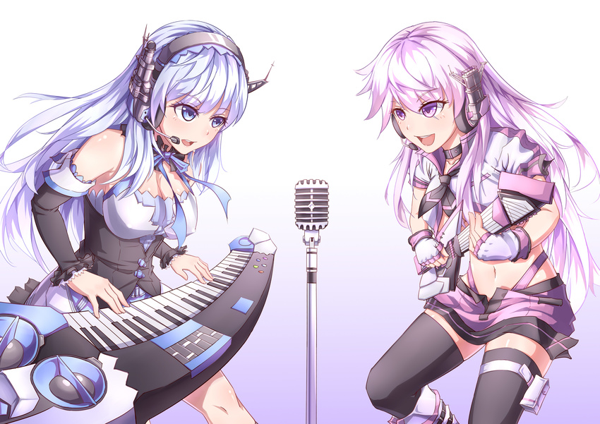 2girls absurdres alaska_(warship_girls_r) bad_id bad_pixiv_id bare_shoulders black_legwear blue_eyes blue_hair choker covered_nipples detached_sleeves guam_(warship_girls_r) headset highres instrument keyboard_(instrument) leaning_forward light_purple_hair microphone multiple_girls music neck_ribbon playing_instrument purple_eyes ray_(pixiv9514208) ribbon singing thighhighs warship_girls_r