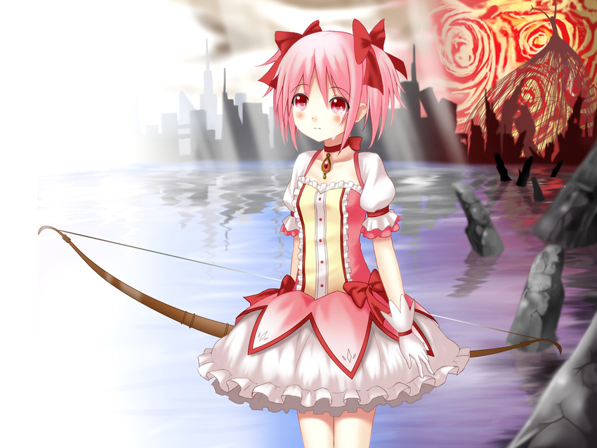 blush bow bow_(weapon) choker commentary_request dress dual_persona female frills frown gloves hair_ribbon jewelry kaname_madoka kaname_madoka_(magical_girl) kriemhild_gretchen mahou_shoujo_madoka_magica mahou_shoujo_madoka_magica_(anime) photoshop_(medium) pink_hair puffy_sleeves red_choker red_eyes ribbon setona_(daice) short_hair short_twintails spoilers tears twintails water weapon white_gloves