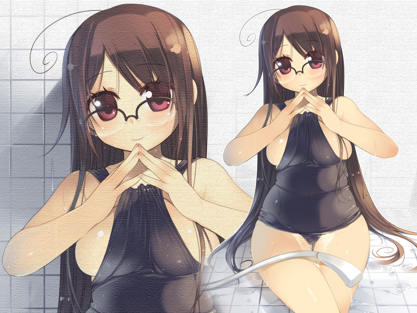 arima_senne breasts brown_hair glasses kashiwamochi_yomogi long_hair original red_eyes school_swimsuit shower swimsuit zoom_layer