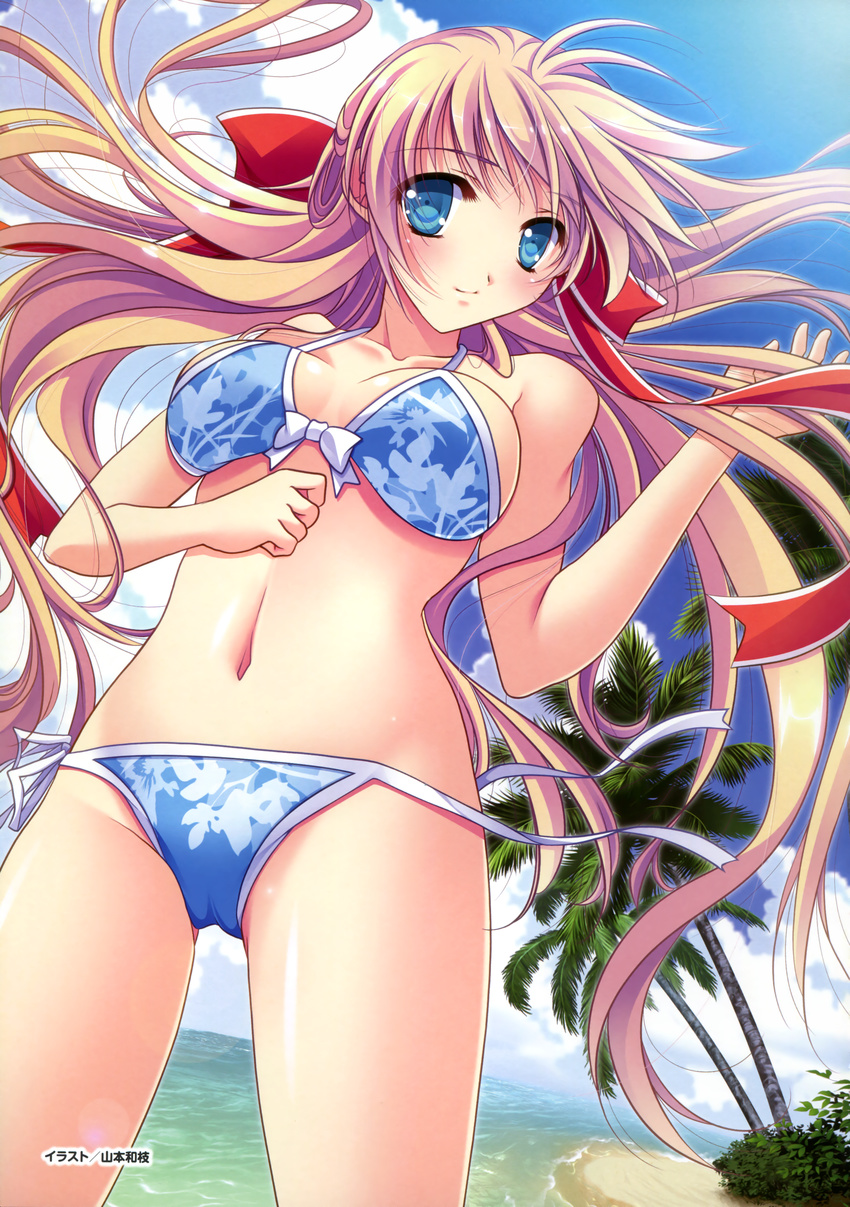 absurdres beach bikini blonde_hair blue_bikini blue_eyes blue_sky bow breasts day female front-tie_bikini_top front-tie_top gigai_no_alruna hairbow highres large_breasts long_hair michelle_(gigai_no_alruna) outdoors palm_tree side-tie_bikini_bottom sky smile solo swimsuit tree untied_bikini very_long_hair yamamoto_kazue