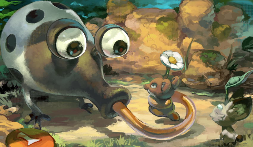 black_eyes bulborb commentary_request creature eye_contact flower koki_(ryoushikiha) long_tongue looking_at_another no_humans outdoors pikmin_(creature) pikmin_(series) pikmin_3 rock stalk_eyes tongue tongue_out whiptongue_bulborb