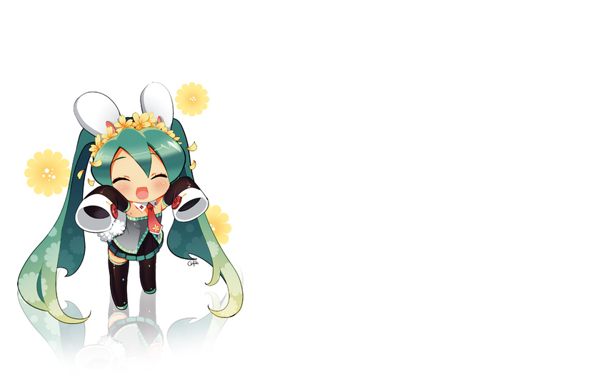 animal_ears blush bunny_ears bunnygirl chibi flowers green_hair hatsune_miku long_hair neko_sakana thighhighs vocaloid white