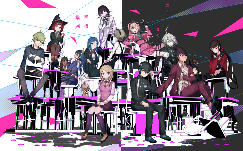 6+girls akamatsu_kaede amami_rantarou banned_artist black_hair blonde_hair blue_eyes chabashira_tenko danganronpa everyone gokuhara_gonta green_eyes green_hair harukawa_maki highres hoshi_ryouma iruma_miu keebo momota_kaito multiple_boys multiple_girls new_danganronpa_v3 ouma_kokichi pink_eyes red_eyes red_hair saihara_shuuichi shinguuji_korekiyo shirogane_tsumugi tetsubuta toujou_kirumi yonaga_angie yumeno_himiko