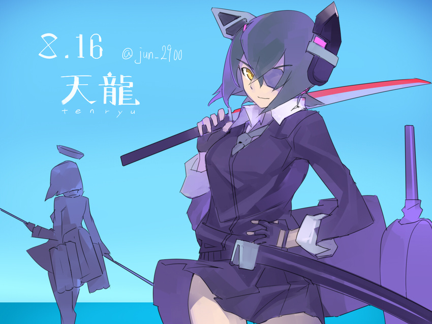 2girls character_name commentary_request eyepatch fingerless_gloves gloves halo hand_on_own_hip headgear kantai_collection katana mechanical_halo multiple_girls necktie over_shoulder pleated_skirt purple_hair scabbard semidou_jun sheath skirt sword sword_over_shoulder tatsuta_(kancolle) tenryuu_(kancolle) weapon weapon_over_shoulder yellow_eyes