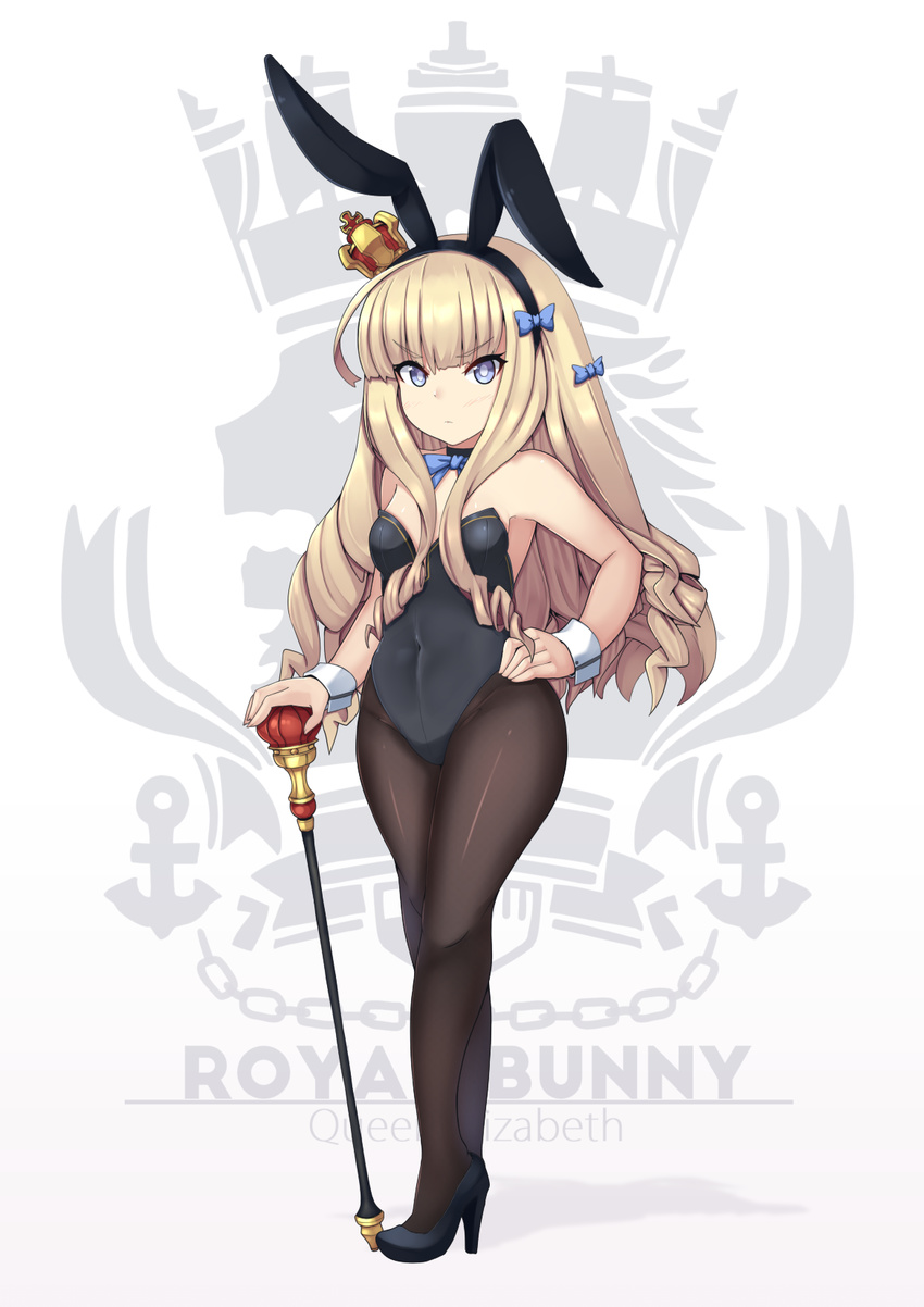 animal_ears azur_lane bare_shoulders black_footwear black_hairband black_leotard blonde_hair blue_bow blue_bowtie blue_eyes bow bowtie brown_pantyhose commentary_request covered_navel crown detached_collar emblem fake_animal_ears female full_body hairband hand_on_own_hip high_heels highres kuronekozero leotard logo long_hair looking_at_viewer mini_crown pantyhose playboy_bunny queen_elizabeth_(azur_lane) rabbit_ears royal_navy_emblem_(azur_lane) scepter solo standing strapless strapless_leotard wrist_cuffs