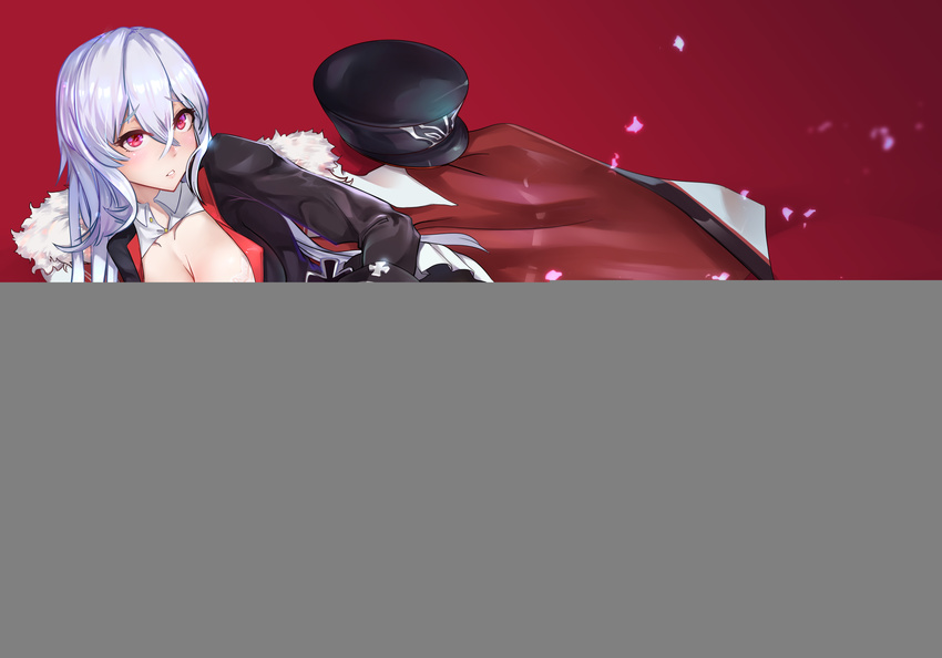 absurdres azur_lane belt black_gloves black_legwear bra breasts cape cleavage corrupted_image female fur_trim gins gloves graf_zeppelin_(azur_lane) hat hat_removed headwear_removed high_heels highres iron_cross large_breasts lying on_side pantyhose peaked_cap pink_eyes pleated_skirt red_background silver_hair skirt solo underwear