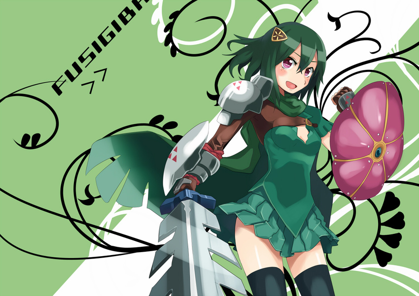 armor buckle cape commentary_request female gauntlets green_hair hair_ornament personification pokemon red_eyes shield skirt solo sora-bozu sword thighhighs venusaur weapon