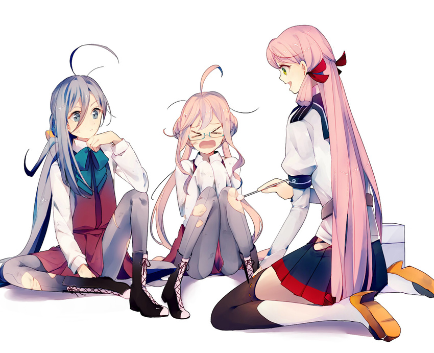 >_< ahoge akashi_(kantai_collection) banned_artist blue_skirt boots closed_eyes cotton_swab double_bun first_aid_kit front-seamed_legwear glasses green_eyes grey_eyes grey_legwear hakama_skirt injury kantai_collection kiyoshimo_(kantai_collection) knees_together_feet_apart knees_touching long_hair long_sleeves low_twintails makigumo_(kantai_collection) multicolored_hair multiple_girls neckerchief open_mouth pantyhose pink_hair pleated_skirt purple_skirt sailor_collar sayori_(oskn) school_uniform seamed_legwear serafuku sidelocks simple_background skirt sleeves_past_wrists thigh_boots thighhighs torn_clothes torn_legwear twintails two-tone_hair very_long_hair wavy_mouth white_background