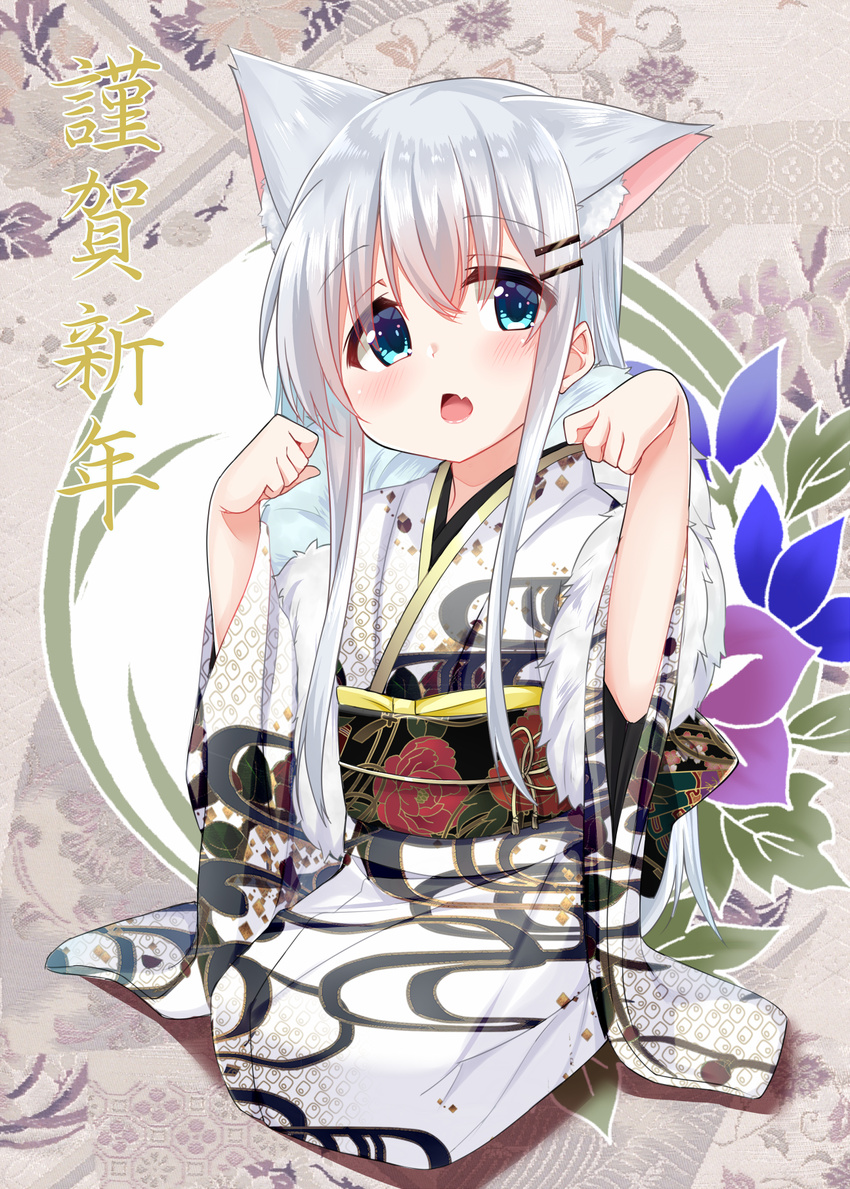 animal_ears bad_id bad_pixiv_id blue_eyes cacao_(chocolat) cat_ears chestnut_mouth chocola_(cacao) commentary_request female full_body hair_between_eyes hair_ornament hairclip hands_up head_tilt highres japanese_clothes kimono long_hair long_sleeves looking_at_viewer obi oerba_yun_fang open_mouth original partial_commentary print_kimono sash sidelocks solo very_long_hair white_hair white_kimono wide_sleeves