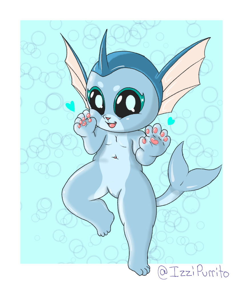 anthro black_sclera blue_body bubble daww eeveelution female fin generation_1_pokemon heart_symbol hi_res horn izzipurrito looking_at_viewer navel nintendo pawpads paws pokemon pokemon_(species) pupils raised_leg simple_background solo tagme tail vaporeon white_pupils young young_anthro