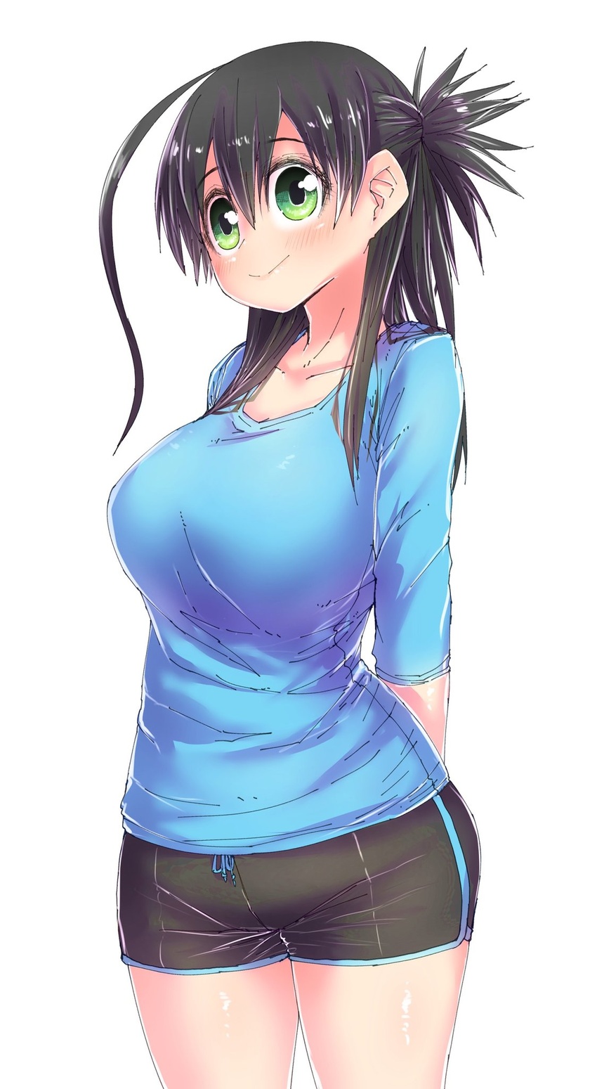 ahoge alternate_hairstyle arms_behind_back black_hair black_shorts blue_shirt breasts dated dolphin_shorts female green_eyes highres huge_ahoge long_hair long_shirt medium_breasts musuko_ga_kawaikute_shikatanai_mazoku_no_hahaoya nishimura_chiharu shirt short_ponytail shorts sidelocks signature simple_background sleeves_rolled_up smile solo spoilers thighs white_background zyugoya