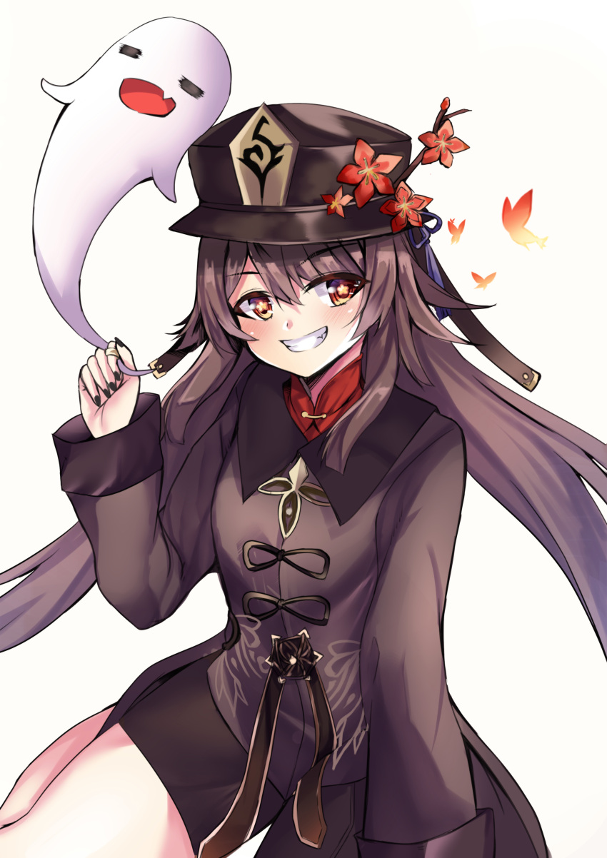 :d =_= absurdres animal black_hat black_nails black_shorts blush boo_tao_(genshin_impact) brown_hair brown_jacket bug butterfly closed_eyes commentary female flower genshin_impact ghost grey_background grin hair_between_eyes hand_up hat hat_flower highres hu_tao_(genshin_impact) jacket jewelry long_hair looking_at_viewer nail_polish oerba_yun_fang open_mouth red_eyes red_flower red_shirt ring setu_(shining12) shirt short_shorts shorts smile solo very_long_hair