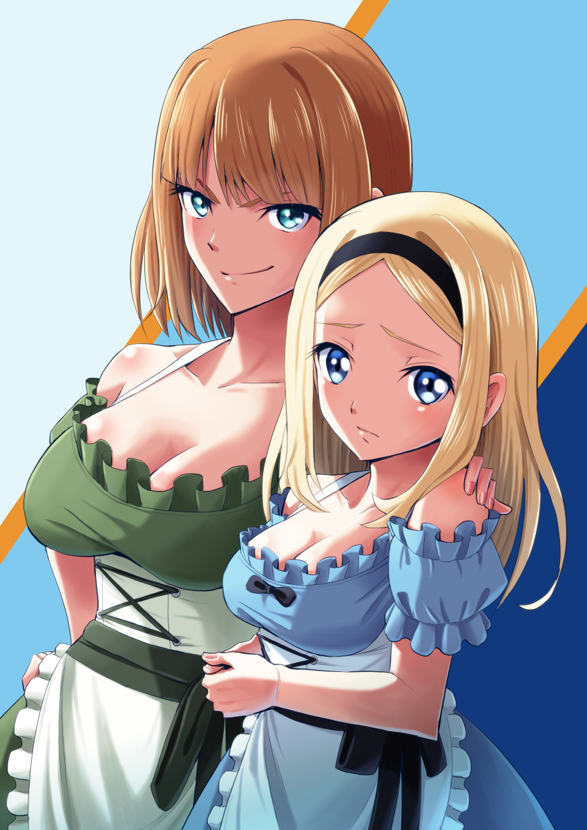 2girls absurdres aleksandra_i._pokryshkin bare_shoulders blonde_hair blue_eyes blush brave_witches breasts brown_hair closed_mouth collarbone dirndl german_clothes gundula_rall hair_ornament hairband hand_on_another's_shoulder hasegawa_(hase_popopo) highres large_breasts looking_at_viewer medium_breasts multiple_girls shiny_skin short_hair simple_background smile world_witches_series