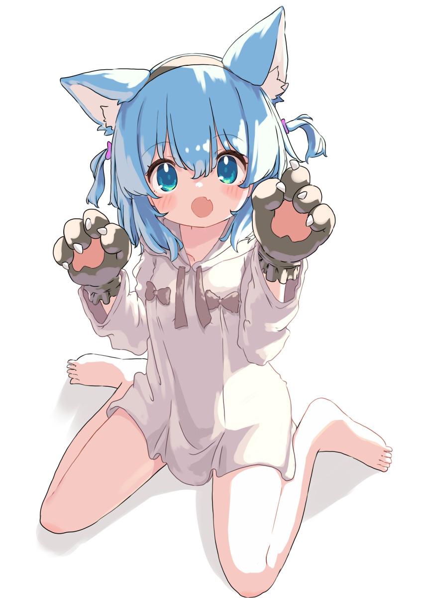 absurdres animal_ear_fluff animal_ears animal_hands aoi_tori barefoot blue_eyes blue_hair blush drawstring fake_animal_ears female flat_chest full_body gloves hands_up highres hood hoodie legs long_sleeves looking_at_viewer oerba_yun_fang on_floor open_mouth original paw_gloves short_hair sidelocks sitting skin_fang solo teru-chan_(aoi_tori) thighs wariza white_background white_hoodie wolf_ears