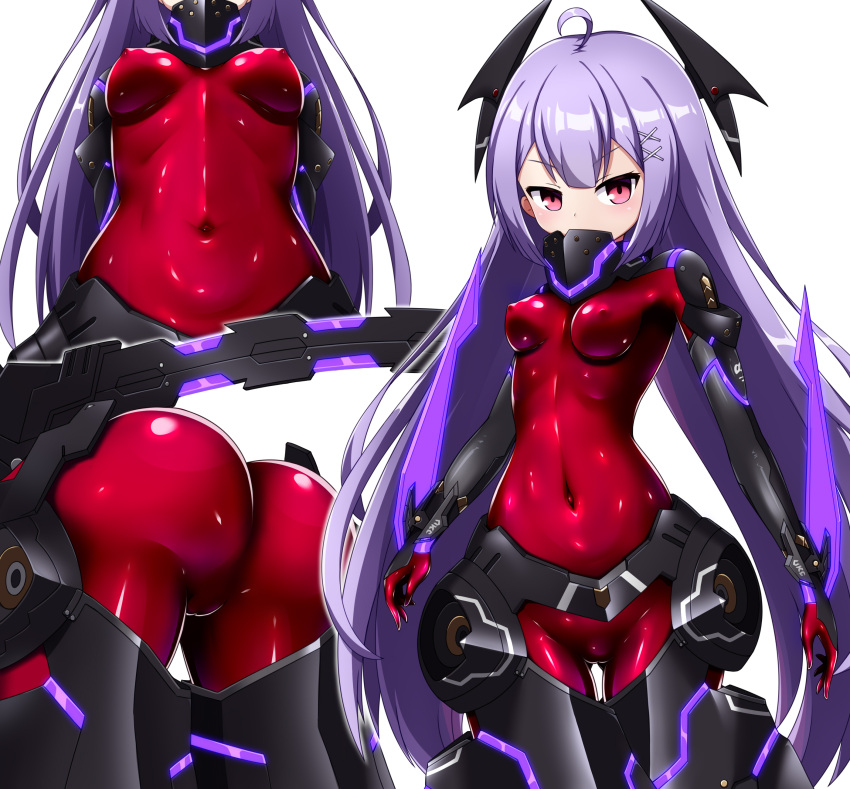 absurdres ahoge ass ass_visible_through_thighs bodysuit breasts cameltoe covered_nipples entenca expressionless female headgear highres long_hair looking_at_viewer medium_breasts multiple_views navel phantasy_star phantasy_star_online_2 purple_hair red_eyes sidelocks very_long_hair zelsius