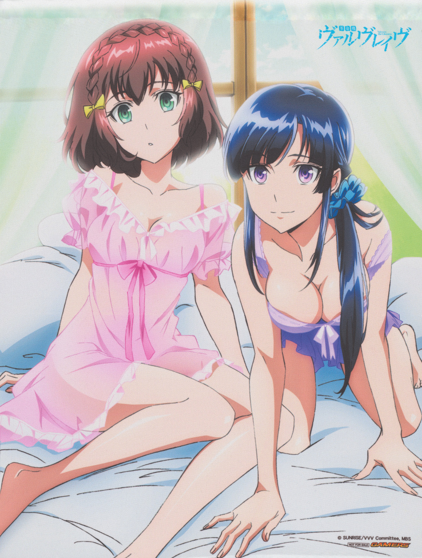 2girls absurdres aqua_eyes artist_request bare_arms bare_legs barefoot bed_sheet bedroom blue_hair breasts cleavage closed_mouth curtains day fingernails hair_ornament hair_scrunchie highres kakumeiki_valvrave kneeling large_breasts light_smile lingerie long_hair looking_at_viewer medium_breasts medium_hair multiple_girls negligee non-web_source off_shoulder official_art pillow pink_ribbon purple_eyes red_hair ribbon rukino_saki sashinami_shouko scrunchie underwear underwear_only window