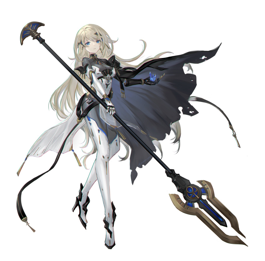 absurdres asukayou black_cape blonde_hair blue_eyes bodysuit cape commentary cyborg earrings female full_body gauntlets grey_bodysuit hair_ornament high_heels highres holding holding_polearm holding_weapon jewelry joints long_hair looking_at_viewer mecha_musume mechanical_arms original parted_lips polearm prosthesis prosthetic_arm robot_joints science_fiction simple_background single_gauntlet single_mechanical_arm skin_tight solo spear standing turtleneck twitter_username weapon white_background