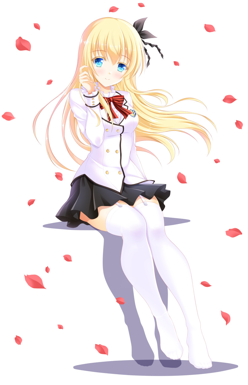 absurdres bashen_chenyue black_ribbon black_skirt blazer blonde_hair blue_eyes blush bow breasts closed_mouth commentary_request dahlia_academy_boarding_school_uniform female frilled_sleeves frills full_body garter_straps hair_between_eyes hair_ribbon hand_up highres jacket juliet_persia kishuku_gakkou_no_juliet long_hair long_sleeves looking_at_viewer medium_breasts no_shoes petals pleated_skirt red_bow ribbon school_uniform shadow shirt sitting skirt smile solo striped striped_bow thighhighs very_long_hair white_background white_jacket white_shirt white_thighhighs