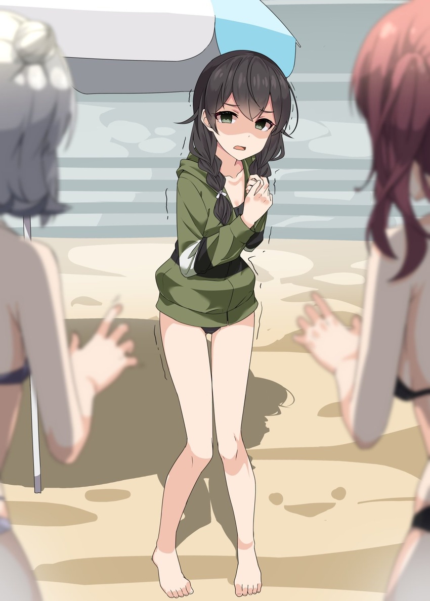 3girls bare_legs barefoot beach beach_umbrella bikini black_bikini black_hair blurry blurry_foreground braid cevio collarbone commentary day depth_of_field empty_eyes feet flipped_hair green_eyes green_hoodie grey_hair hair_bun hanakuma_chifuyu highres hood hood_down hoodie koharu_rikka legs long_hair long_sleeves looking_at_another looking_at_viewer low_twin_braids medium_hair multiple_girls natsuki_karin no_eyewear open_mouth out_of_frame outdoors own_hands_together partially_unzipped red_hair sacabambaspis sand scared shaded_face shadow short_hair solo_focus standing swimsuit swimsuit_under_clothes synthesizer_v toenails toes trembling twin_braids twintails umbrella yanagita_kousuke