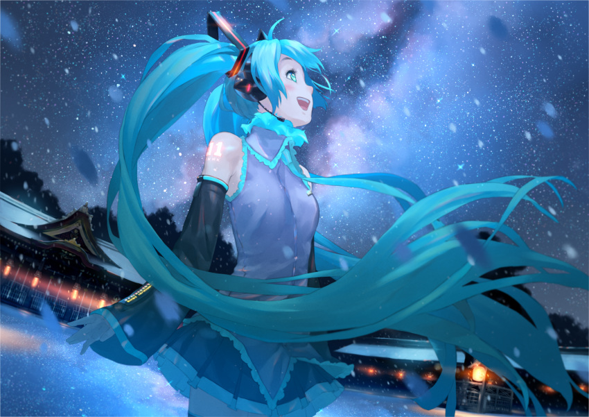 aqua_eyes aqua_hair aqua_necktie architecture bare_shoulders black_skirt black_sleeves black_thighhighs blue_theme blush commentary_request cowboy_shot detached_sleeves dutch_angle east_asian_architecture female fur-trimmed_collar fur_trim galaxy glowing_tattoo grey_shirt hair_ornament hatsune_miku headphones headset highres lantern long_hair looking_up milky_way mountainous_horizon necktie night night_sky open_mouth outdoors shirt shoulder_tattoo skirt sky sleeveless sleeveless_shirt smile snowing solo star_(sky) starry_sky tada_yui tattoo temple thighhighs twintails very_long_hair vocaloid zettai_ryouiki