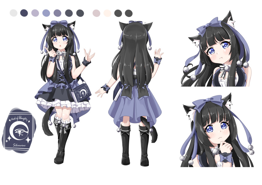 :3 :o :t absurdres animal_ear_fluff animal_ears bag bell black_hair blue_eyes blunt_bangs blush boots cat_ears cat_tail chinese_commentary color_guide commentary_request dress female finger_to_own_chin gothic_lolita hair_ribbon highres lolita_fashion long_hair mao_xin'ai md5_mismatch multiple_views neck_ribbon original pleated_dress pout ribbon shoulder_bag simple_background sleeveless sleeveless_dress standing symbol-shaped_pupils tail thigh_boots thighhighs v-shaped_eyebrows white_background wristband