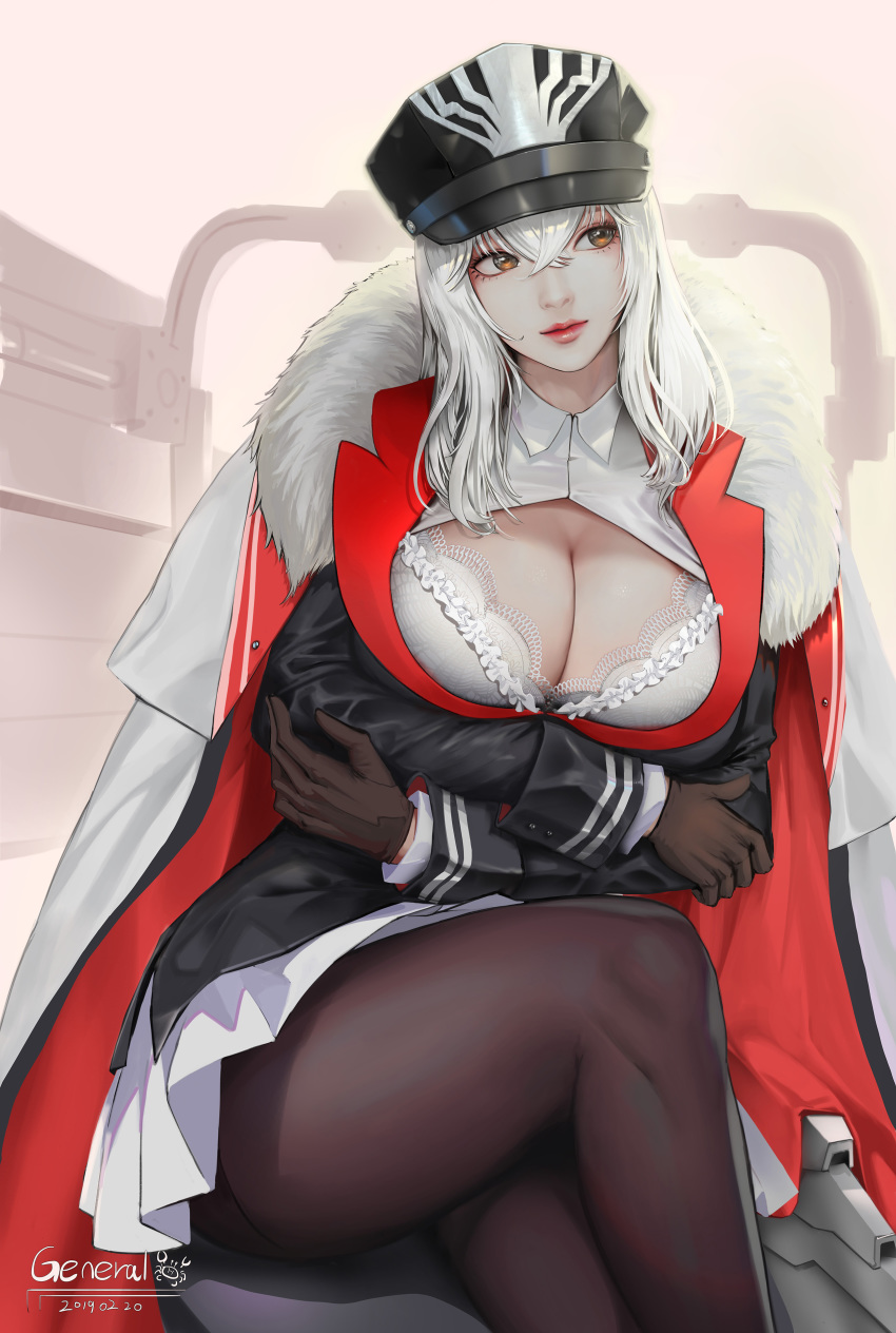 absurdres artist_name azur_lane bra breast_hold breasts brown_eyes brown_gloves cleavage closed_mouth coat crossed_arms crossed_bangs crossed_legs derivative_work female fur_trim genera-x gloves graf_zeppelin_(azur_lane) hair_between_eyes hat highres jacket lace lace-trimmed_bra lace_trim large_breasts lips lipstick long_hair looking_to_the_side makeup military_hat pantyhose photoshop_(medium) pleated_skirt sitting skirt solo thighs underwear white_bra white_hair wing_collar