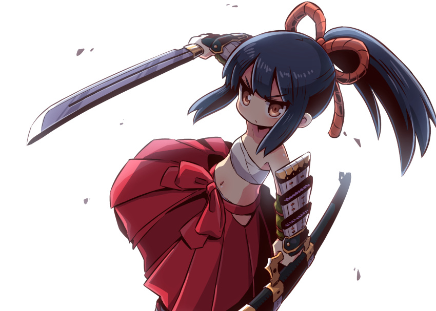 armor black_hair brown_eyes bushidou_(sekaiju) bushidou_2_(sekaiju) commentary_request drawing_sword eyes_visible_through_hair female hair_tie hakama hakama_short_skirt hakama_skirt highres holding holding_sheath holding_sword holding_weapon japanese_armor japanese_clothes katana light long_hair naga_u navel ponytail sarashi sekaiju_no_meikyuu sekaiju_no_meikyuu_1 sheath simple_background skirt solo sword unsheathed weapon white_background