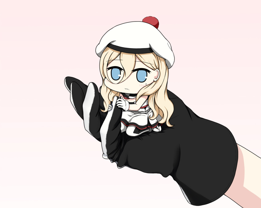 beret blonde_hair blue_eyes blush chibi chibi_inset commentary_request dress female gloves hair_between_eyes hat kantai_collection long_hair looking_at_viewer mini_person minigirl mole mole_under_eye mole_under_mouth multicolored_clothes multicolored_gloves multicolored_scarf pom_pom_(clothes) richelieu_(kancolle) scarf simple_background strapless strapless_dress two-tone_gloves two-tone_legwear yakuto007