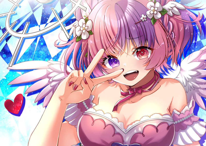 absurdres alternate_hairstyle angel_wings bow_choker breasts choker cleavage demon_horns dress fallen_angel feathered_wings female flower hair_flower hair_ornament hairpin heart heterochromia highres horns ironmouse ironmouse_(fallen_angel) large_breasts multicolored_hair nail_polish oerba_yun_fang open_mouth pink_choker pink_dress pink_hair purple_eyes purple_hair red_eyes red_nails shimotsukishin short_hair smile solo streaked_hair teeth two_side_up upper_teeth_only v v_over_eye virtual_youtuber vshojo white_flower wings